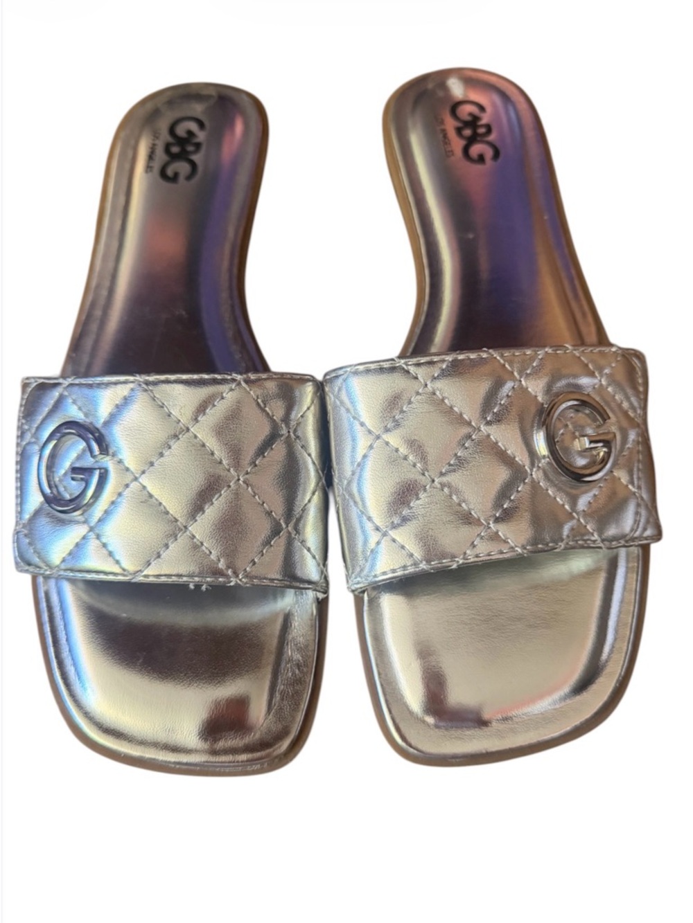 New GBG Metallic Quilted Slide Sandals - Silver